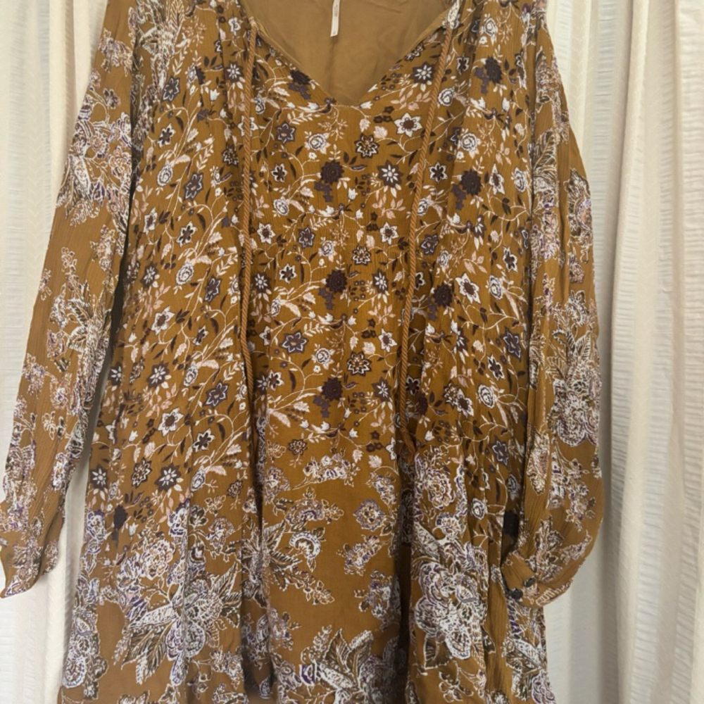 Free People Floral Boho Mini Dress Women S Mustard Gold Long Sleeve V-Neck